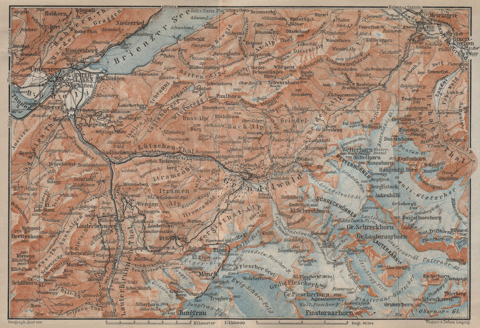 GRINDELWALD environs. Wengen Mürren Jungfrau Wetterhorn Interlaken 1920 map